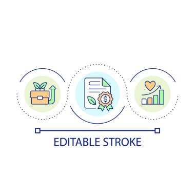 Yeşil işletme güvenilirlik döngüsü konsepti. Eko sertifikası. Marka itibarını arttır. Çevresel soyut fikir ince çizgi çizimi. İzole bir taslak çizim. Düzenlenebilir felç. Kullanılan Arial yazı tipi