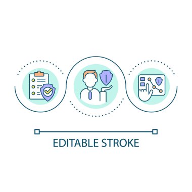 Güvenlik görevlisi döngü konsepti ikonu. Yönetmelik ve standartlar. İş yerindeki kazalardan kaçınmak soyut fikir ince çizgili illüstrasyon. İzole bir taslak çizim. Düzenlenebilir felç. Kullanılan Arial yazı tipi