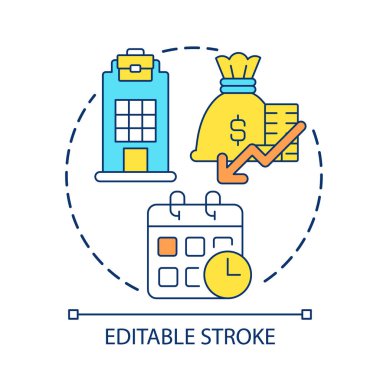 Ofis iş yeri konsepti ikonu. Sıkı bir iş programı. Maliyet düşüşü. İş optimizasyonu soyut fikir ince çizgi çizimi. İzole bir taslak çizim. Düzenlenebilir felç. Kullanılan Arial yazı tipi