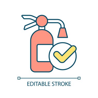 Yangın söndürücü RGB renk simgesi. Koruma cihazı. Güvenlik denetimi. Acil durum hazırlığı. Riskleri azalt. İzole vektör çizimi. Basit bir çizgi çizimi. Düzenlenebilir felç. Kullanılan Arial yazı tipi