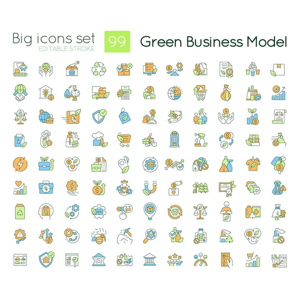 stock vector Environmental business model RGB color icons set. Eco-conscious society. Isolated vector illustrations. Simple filled line drawings collection. Editable stroke. Quicksand-Light font used