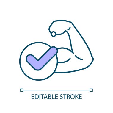 Pazıların gücü RGB renk simgesi. Kol kaslarını geliştir. Güvenli idman egzersizleri. Vücut bileşimini geliştir. İzole vektör çizimi. Basit bir çizgi çizimi. Düzenlenebilir felç. Kullanılan Arial yazı tipi