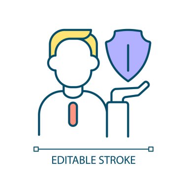 Güvenlik müfettişi RGB renk simgesi. Çalışma koşullarını incele. Çalışma alanı incelemesi. İş yeri güvenlik kontrolü. İzole vektör çizimi. Basit bir çizgi çizimi. Düzenlenebilir felç. Kullanılan Arial yazı tipi