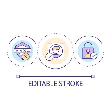 Biyometrik kimlik doğrulama döngüsü konsepti simgesi. Güvenli şifre. Güvenilir erişim. Özel güvenlik fikri soyut ince çizgi çizimi. İzole bir taslak çizim. Düzenlenebilir felç. Kullanılan Arial yazı tipi