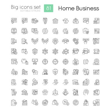 Ev işi doğrusal büyük simgeler ayarlandı. Serbest meslek. Para kazanıyorum. Mesafe çalışması. Özelleştirilebilir ince çizgi sembolleri. İzole vektör çizimi çizimleri. Düzenlenebilir felç. Kullanılan Bataklık Işığı yazı tipi