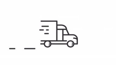 Hareket eden kamyonun çizgisel simgesi. Teslimat servisi. Ulaşım. Araç hareket halinde. Şeffaf arkaplanda alfa kanalı olan kusursuz HD video. Taslak hareketli grafik canlandırması