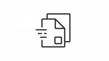 Canlandırılmış belgeler doğrusal simgesi. İnternette dosya paylaşımı. E-posta ile gönder. Kopya kağıtları. Şeffaf arkaplanda alfa kanalı olan kusursuz HD video. Taslak hareketli grafik canlandırması