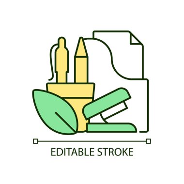 Eko-bilinçli ofis kültürü RGB renk ikonu. Sürdürülebilir kurumsal değerler. Ofis kırtasiyesi. İzole vektör çizimi. Basit bir çizgi çizimi. Düzenlenebilir felç. Kullanılan Arial yazı tipi