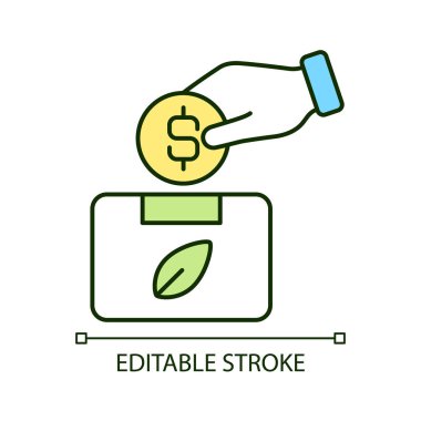 Ekolojik yardım girişimi RGB renk simgesi. Çevre fonuna bağış yap. Sürdürülebilir bağış toplama. İzole vektör çizimi. Basit bir çizgi çizimi. Düzenlenebilir felç. Kullanılan Arial yazı tipi