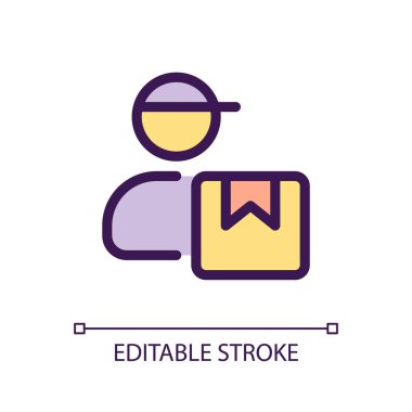 Kurye pikseli mükemmel RGB renk ui simgesi. Kapıdan kapıya teslimat. Basit doldurulmuş çizgi ögesi. Mobil uygulama için UX tasarımı. Vektör izole görüntü grafiği. Düzenlenebilir felç. Kullanılan Arial yazı tipi