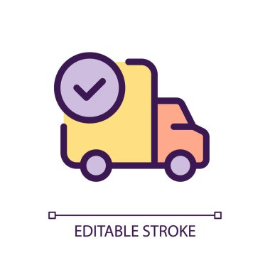 Sevkiyat tam piksel RGB renk ui simgesi. Başarılı bir ulaşım. Basit doldurulmuş çizgi ögesi. Mobil uygulama için UX tasarımı. Vektör izole görüntü grafiği. Düzenlenebilir felç. Kullanılan Arial yazı tipi