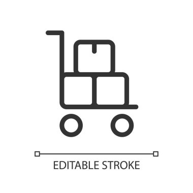 Piksel pikselli palet kamyonu mükemmel bir lineer ikon. Depo ekipmanları. Teslimat servisi. GUI, UX tasarımı. Uygulama ve web için izole edilmiş kullanıcı arayüzü ögesi. Düzenlenebilir felç. Kullanılan Arial yazı tipi