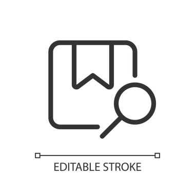 Paket piksel mükemmel doğrusal ui simgesi bul. Çevrimiçi düzen ara. Büyüteç ve kutu. GUI, UX tasarımı. Uygulama ve web için izole edilmiş kullanıcı arayüzü ögesi. Düzenlenebilir felç. Kullanılan Arial yazı tipi