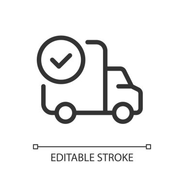 Sevkiyat tam piksel mükemmel doğrusal ui simgesi. Başarılı bir kargo taşımacılığı. GUI, UX tasarımı. Uygulama ve web için izole edilmiş kullanıcı arayüzü ögesi. Düzenlenebilir felç. Kullanılan Arial yazı tipi