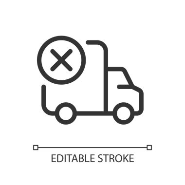 Sevkiyat başarısız piksel mükemmel doğrusal ui simgesi. Kargo sevkiyatını iptal edin. Teslimat başarısız oldu. GUI, UX tasarımı. Uygulama ve web için izole edilmiş kullanıcı arayüzü ögesi. Düzenlenebilir felç. Kullanılan Arial yazı tipi