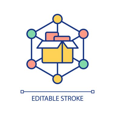 Depo lojistik RGB renk simgesi. Tedarik zinciri yönetimi. Küresel nakliye endüstrisi. Dağıtım merkezi. İzole vektör çizimi. Basit bir çizgi çizimi. Düzenlenebilir felç. Kullanılan Arial yazı tipi