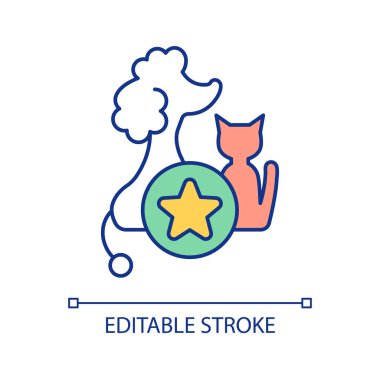 Ünlülerin evcil hayvanları RGB renk simgesi. Ünlü köpekler ve kediler. Televizyondaki hayvanlar. Yüksek kaliteli veteriner bakımı. İzole vektör çizimi. Basit bir çizgi çizimi. Düzenlenebilir felç. Kullanılan Arial yazı tipi