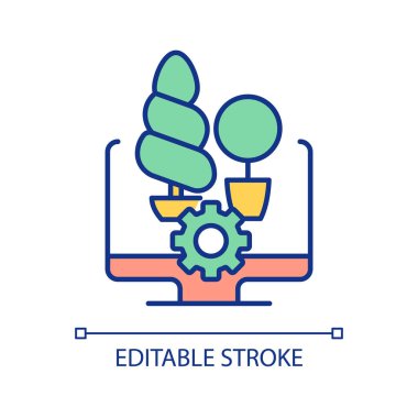 Peyzaj tasarım hizmeti RGB renk simgesi. Bahçıvanlık sitesi. İnternetten bitki al. Arka bahçe planlama yazılımı. İzole vektör çizimi. Basit bir çizgi çizimi. Düzenlenebilir felç. Kullanılan Arial yazı tipi