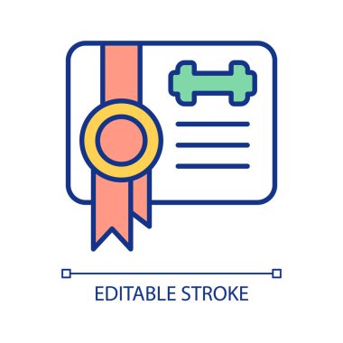 Kişisel antrenör sertifikası RGB renk simgesi. Profesyonel fitness koçu. Yasal antrenman eğitmeni. İzole vektör çizimi. Basit bir çizgi çizimi. Düzenlenebilir felç. Kullanılan Arial yazı tipi