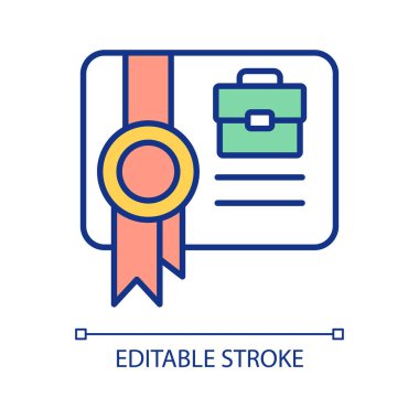 Profesyonel sertifika RGB renk simgesi. İş eğitimi kursu. İş tecrübesi kanıtı. Jüri doktorluğu diploması. İzole vektör çizimi. Basit bir çizgi çizimi. Düzenlenebilir felç. Kullanılan Arial yazı tipi