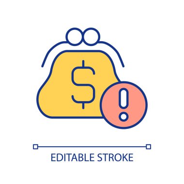 Kişisel bütçe sorunu RGB renk simgesi. Düşük maaş sorunu. Acil bir iş araması. Cüzdanında uyarı işareti var. İzole vektör çizimi. Basit bir çizgi çizimi. Düzenlenebilir felç. Kullanılan Arial yazı tipi