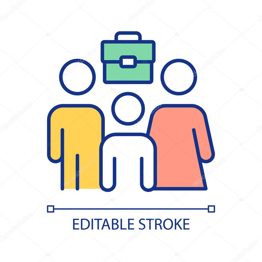 Parents career effect on child RGB color icon. Social protection. Married couple and son. Childcare law. Isolated vector illustration. Simple filled line drawing. Editable stroke. Arial font used