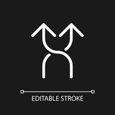 İlerideki otoyol kavşağı ok pikseli koyu renk tema için mükemmel beyaz doğrusal ui simgesi. Yol tabelası. Vektör çizgisi çizimi. Gece modu için izole edilmiş kullanıcı arayüzü sembolü. Düzenlenebilir felç. Kullanılan Arial yazı tipi