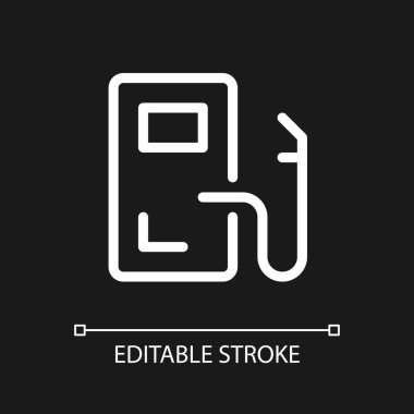 Benzin istasyonu konumu pikseli koyu tema için mükemmel beyaz doğrusal ui simgesi. Yakıt bul. Haritada ara. Vektör çizgisi çizimi. Gece modu için izole edilmiş kullanıcı arayüzü sembolü. Düzenlenebilir felç. Kullanılan Arial yazı tipi