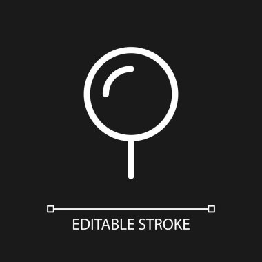 Yuvarlak basınçlı pin pikseli koyu renk tema için kusursuz beyaz doğrusal ui simgesi. Konumu vurgula. Vektör çizgisi çizimi. Gece modu için izole edilmiş kullanıcı arayüzü sembolü. Düzenlenebilir felç. Kullanılan Arial yazı tipi