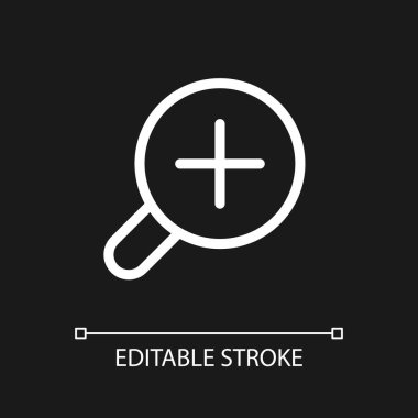 Harita pikseli için büyüteç ve koyu renk tema için mükemmel beyaz doğrusal ui simgesi. Yakınlaştır. Vektör çizgisi çizimi. Gece modu için izole edilmiş kullanıcı arayüzü sembolü. Düzenlenebilir felç. Kullanılan Arial yazı tipi