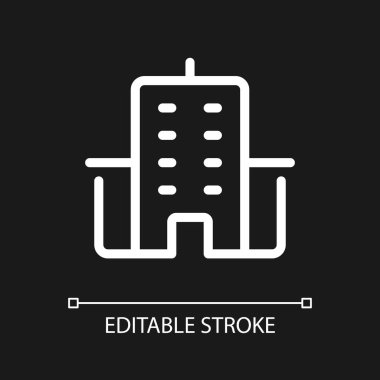 Ofis binası konumu pikseli koyu tema için mükemmel beyaz doğrusal ui simgesi. Çalışma alanı. Vektör çizgisi çizimi. Gece modu için izole edilmiş kullanıcı arayüzü sembolü. Düzenlenebilir felç. Kullanılan Arial yazı tipi