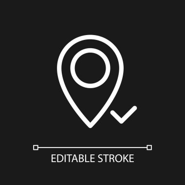 Koyu tema için saptanmış hedef piksele ulaşılıyor mükemmel beyaz doğrusal ui simgesi. Onaylanmış yer. Vektör çizgisi çizimi. Gece modu için izole edilmiş kullanıcı arayüzü sembolü. Düzenlenebilir felç. Kullanılan Arial yazı tipi