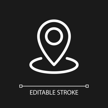 Koyu tema için piksel nokta pikseli mükemmel beyaz doğrusal ui simgesi bırakılıyor. Haritada yerini bul. Vektör çizgisi çizimi. Gece modu için izole edilmiş kullanıcı arayüzü sembolü. Düzenlenebilir felç. Kullanılan Arial yazı tipi