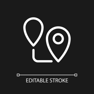 Koyu renk tema için kusursuz beyaz çizgisel piksel planlama. GPS navigasyonu. Mesafe. Vektör çizgisi çizimi. Gece modu için izole edilmiş kullanıcı arayüzü sembolü. Düzenlenebilir felç. Kullanılan Arial yazı tipi