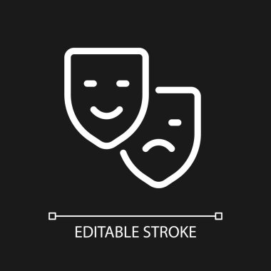 Drama ve komedi tiyatro pikseli karanlık tema için mükemmel beyaz doğrusal ui simgesi. Canlı performans. Vektör çizgisi çizimi. Gece modu için izole edilmiş kullanıcı arayüzü sembolü. Düzenlenebilir felç. Kullanılan Arial yazı tipi