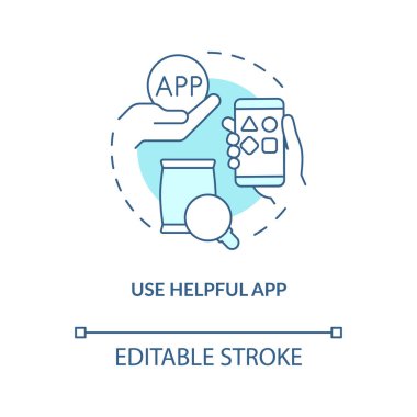 Yardımcı uygulama turkuaz konsept simgesi kullan. Ürün incelemesi ekle. Müşteri geribildirim almak soyut fikir ince çizgi illüstrasyon. İzole bir taslak çizim. Düzenlenebilir felç. Arial, Myriad Pro-Kalın yazı tipleri