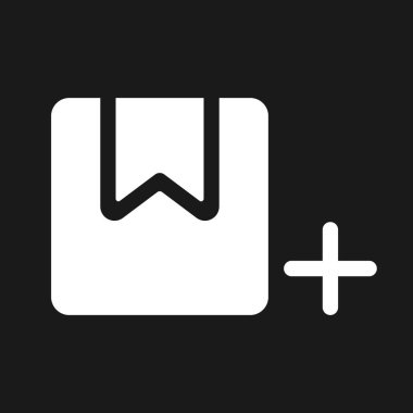 Parsel koyu mod glyph ui simgesi ekle. Çevrimiçi yeni düzen oluştur. Lojistik. Kullanıcı arayüzü tasarımı. Siyah uzayda beyaz siluet sembolü. Ağ ve cep telefonu için sağlam bir resim. Vektör izole illüstrasyonu