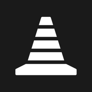 Trafik konisi koyu mod glyph ui simgesi. Yol parkı. İnşaat alanı. Kullanıcı arayüzü tasarımı. Siyah uzayda beyaz siluet sembolü. Ağ ve cep telefonu için sağlam bir resim. Vektör izole illüstrasyonu