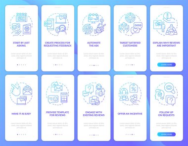 Mobil uygulama ekranında müşteri sadakati mavi gradyan kazanma. Çizgisel kavramlarla birlikte 5 adımlık grafik talimatları gözden geçir. UI, UX, GUI şablonu. Kullanılan sayısız Pro-Kalın, Düzenli yazı tipleri