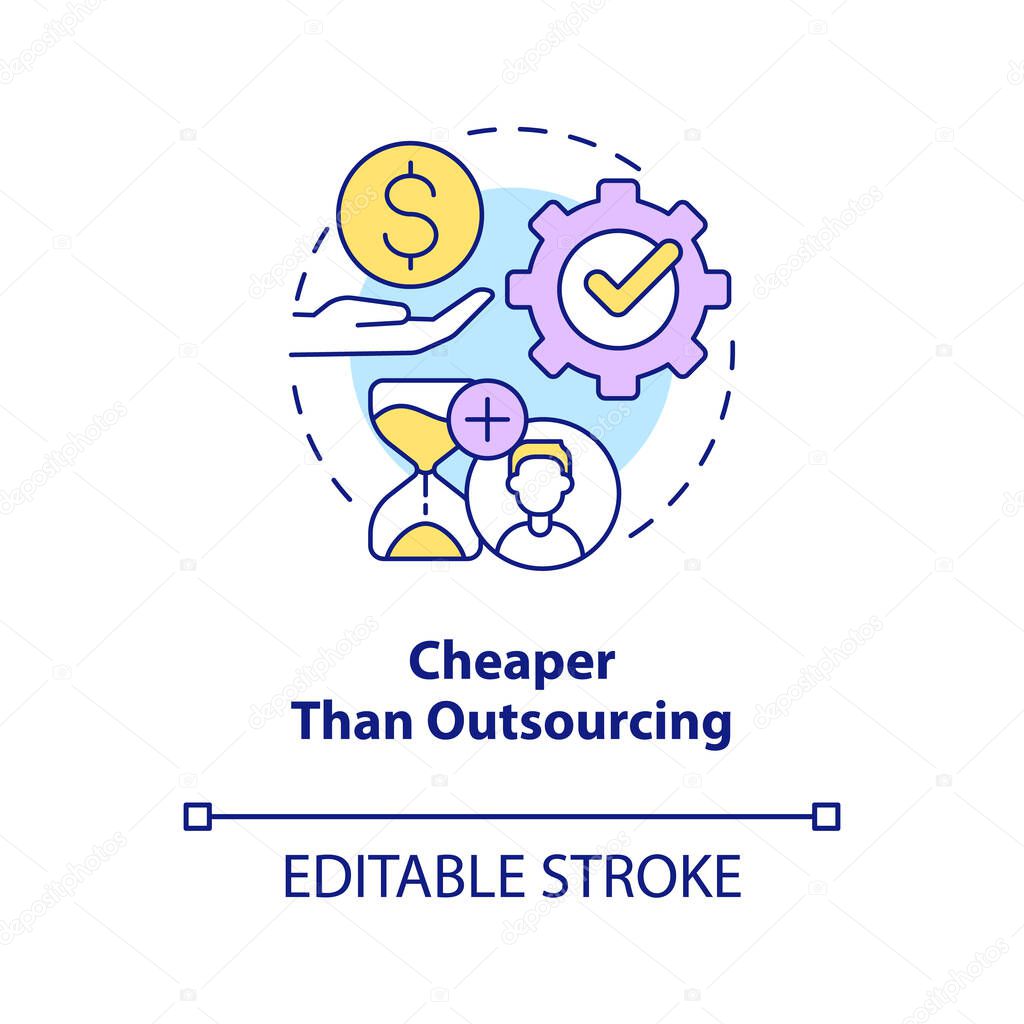 Cheaper than outsourcing concept icon. Outstaffing advantage abstract idea thin line illustration. Costs of recruiting. Isolated outline drawing. Editable stroke. Arial, Myriad Pro-Bold fonts used