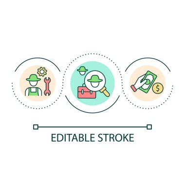 Tarım sektörü döngü konsepti ikonu. Çiftlik işi soyut fikri ince çizgi çizimi. Tarım çalışanları kirala. Kârı arttır. İzole bir taslak çizim. Düzenlenebilir felç. Kullanılan Arial yazı tipi