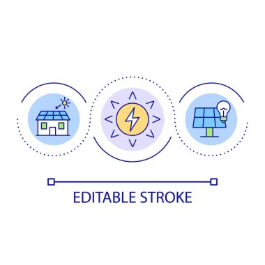 Ev Güneş Sistemi Döngü Konsepti simgesi. Yerleşik güneş paneli soyut fikir ince çizgi çizimi. Fotovoltaik teknoloji. İzole bir taslak çizim. Düzenlenebilir felç. Kullanılan Arial yazı tipi