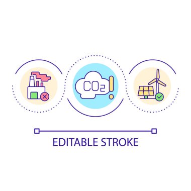 Karbon emisyon döngüsü konsept simgesini azalt. Yenilenebilir enerji kaynağı soyut fikir ince çizgi çizimi. Üretim endüstrisi. İzole bir taslak çizim. Düzenlenebilir felç. Kullanılan Arial yazı tipi