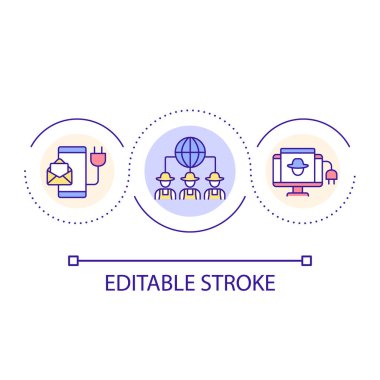 Çiftçi topluluğu döngü konsepti ikonu. İnternette tarımsal organizasyonu soyut fikir ince çizgili illüstrasyonda bul. Çiftçi işbirlikçisi. İzole bir taslak çizim. Düzenlenebilir felç. Kullanılan Arial yazı tipi