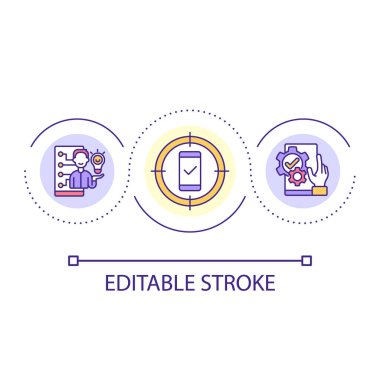 Mobil uygulama döngüsü konsepti ikonu geliştirin. Akıllı telefonlar üzerinde yazılımı çalıştır soyut fikir ince çizgi çizimi. Müşteri ilişkilerini geliştir. İzole bir taslak çizim. Düzenlenebilir felç. Kullanılan Arial yazı tipi