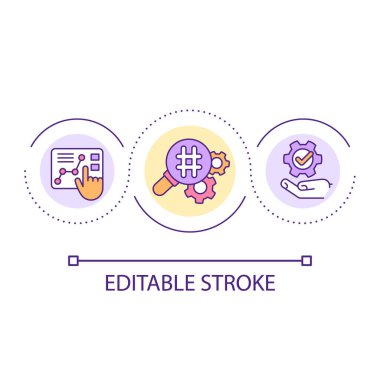 Anahtar kelime araştırma döngüsü konsepti simgesini uygula. Arama motoru optimizasyonu soyut fikir ince çizgi çizimi. Dijital pazarlama. İzole bir taslak çizim. Düzenlenebilir felç. Kullanılan Arial yazı tipi