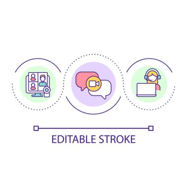 Uzak takım iletişim döngüsü konsepti simgesi. Meslektaşlarımla görüntülü konferans fikri soyut ince çizgi çizimi. Uzaktan buluşma çevrimiçi. İzole bir taslak çizim. Düzenlenebilir felç. Kullanılan Arial yazı tipi