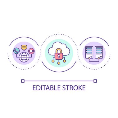 Bulut tabanlı depolama döngüsü ikonu. Sanal sunucu soyut fikir ince çizgisi illüstrasyonunda dijital veri depolanıyor. Bulut hesaplama. İzole bir taslak çizim. Düzenlenebilir felç. Kullanılan Arial yazı tipi