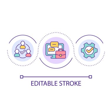Telework döngüsü konsepti simgesi. Uzak iş soyut fikir ince çizgi çizimi. Evden çalışıyorum. İş arkadaşlarıyla çevrimiçi iletişim. İzole bir taslak çizim. Düzenlenebilir felç. Kullanılan Arial yazı tipi
