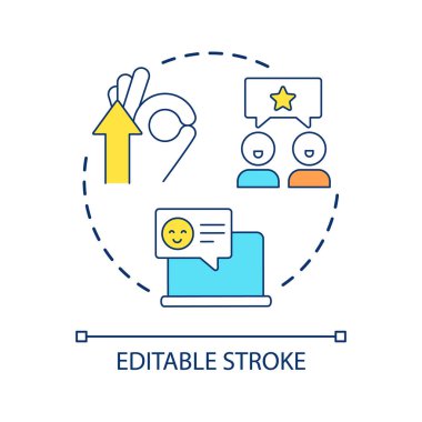 Geribildirim konsepti ikonu ile iş görünürlüğünü arttır. Müşteri güven soyut fikir ince çizgi illüstrasyon inşa. Memnun müşteriler. İzole bir taslak çizim. Düzenlenebilir felç. Kullanılan Arial yazı tipi